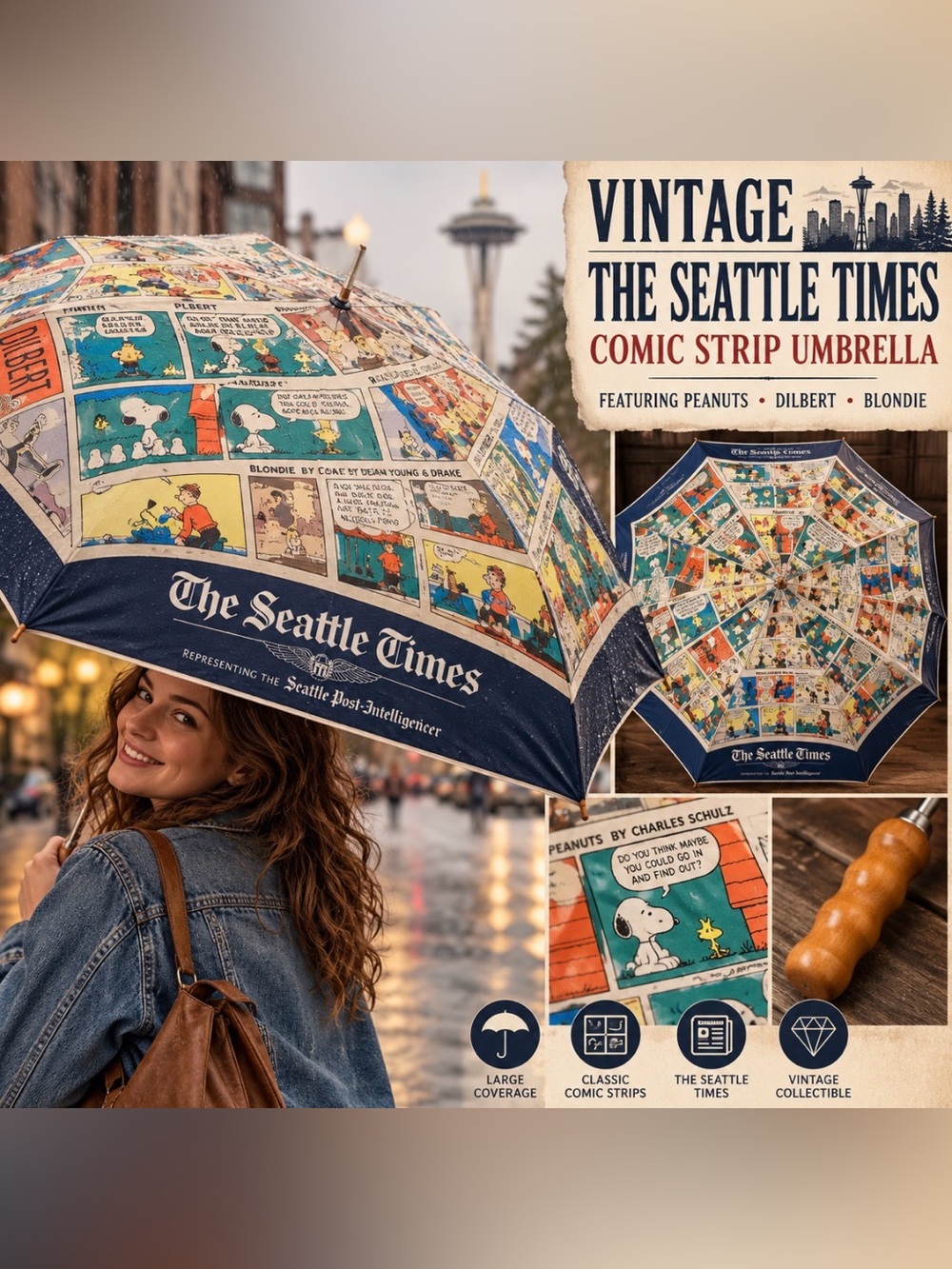 Vintage large umbrella - Seattle Times - Comic Strip - Multicolor - long spike